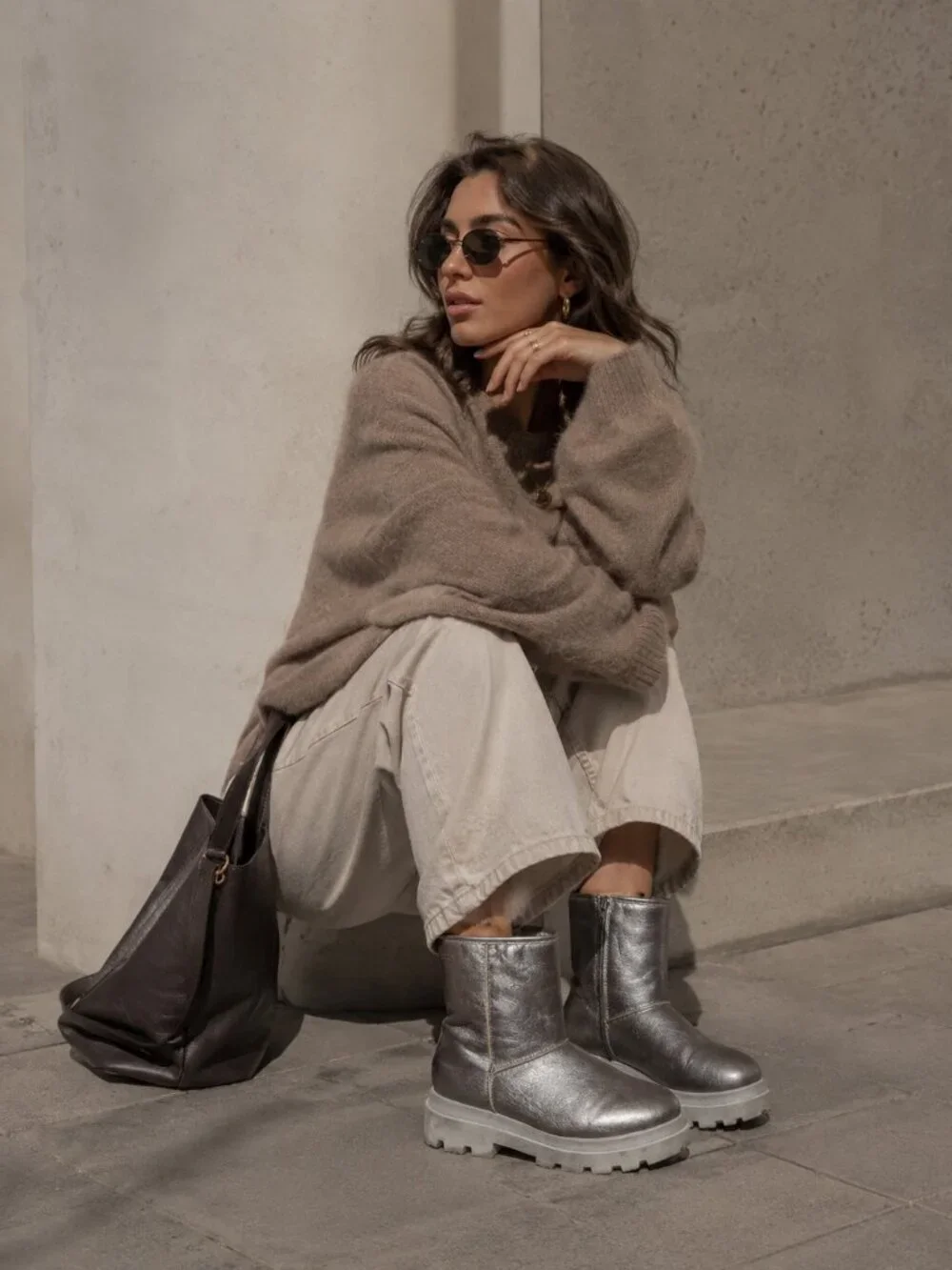 DWRS Metallic Silver Leather Ankle Boots Shearling Lined Platform Lug Sole 10.5